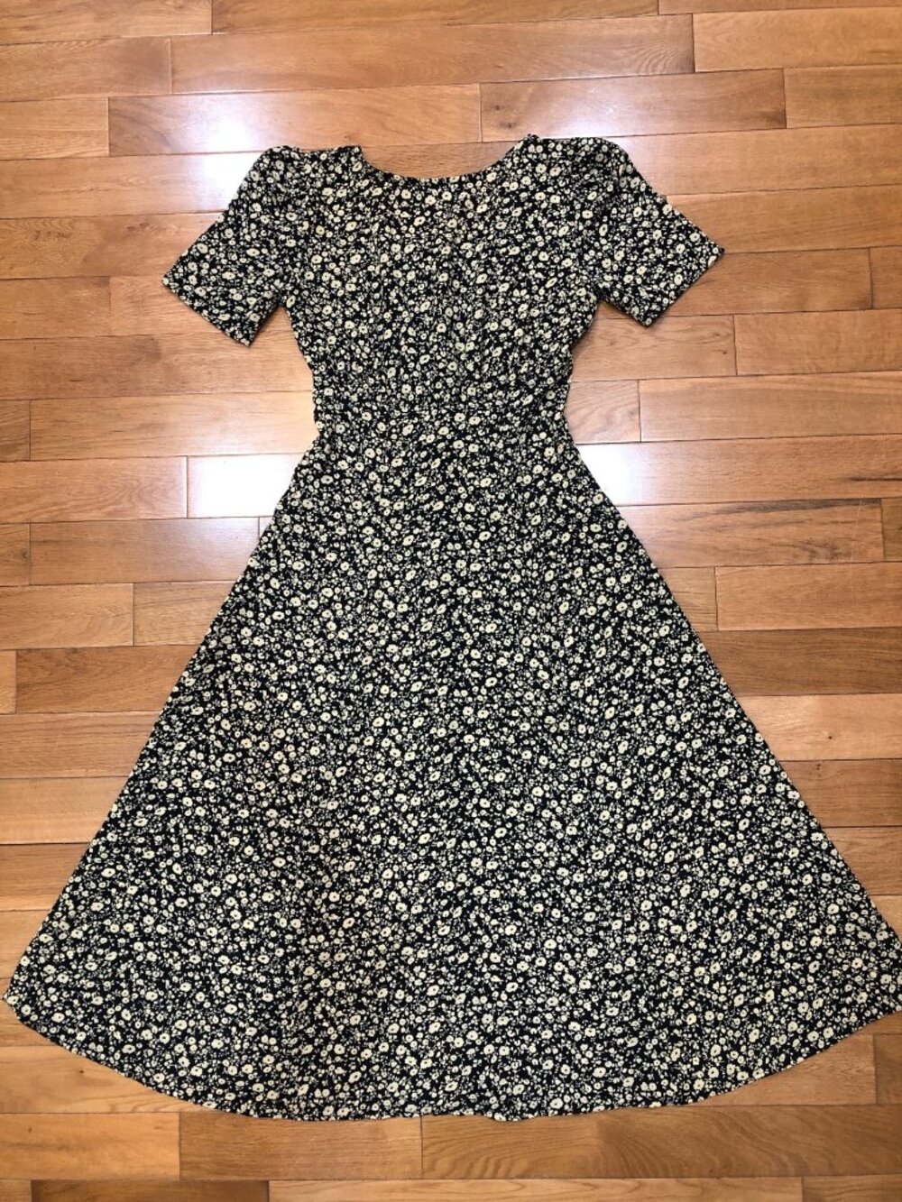VTG All That Jazz Black & Tan Floral Chiffon A-Line Midi Dress 90s Cottagecore S - Picture 6 of 10